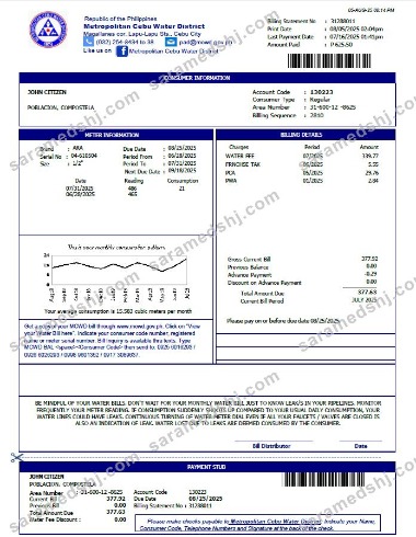 Philippines Metropolitan Cebu Water District utility bill template in Word and PDF formats